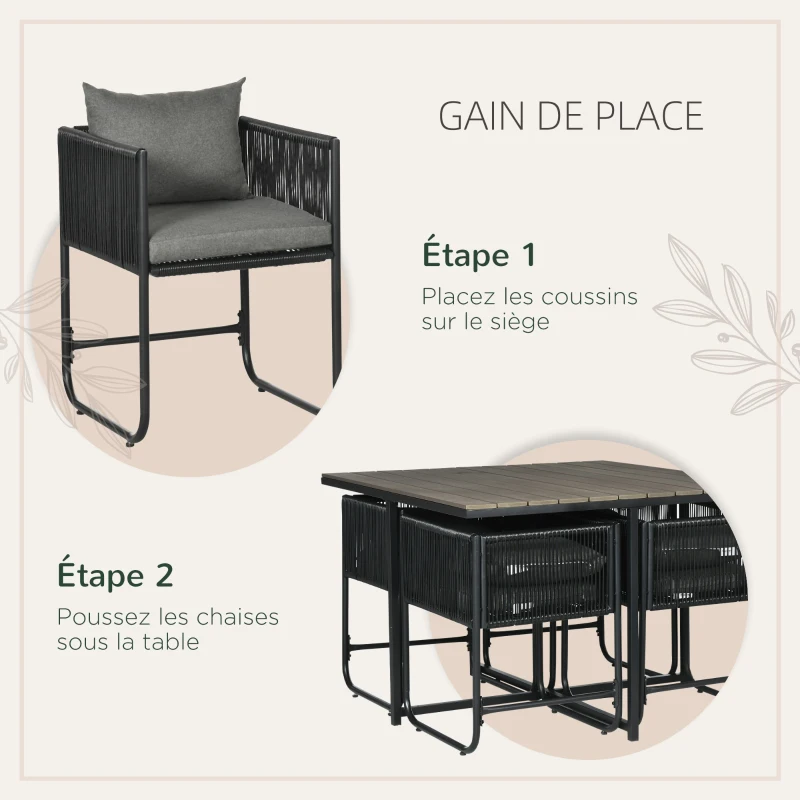 Outsunny Salon de jardin ensemble 5 pièces avec 1 table et 4 fauteuils 8 coussins table en composite plateau aspect bois noir
