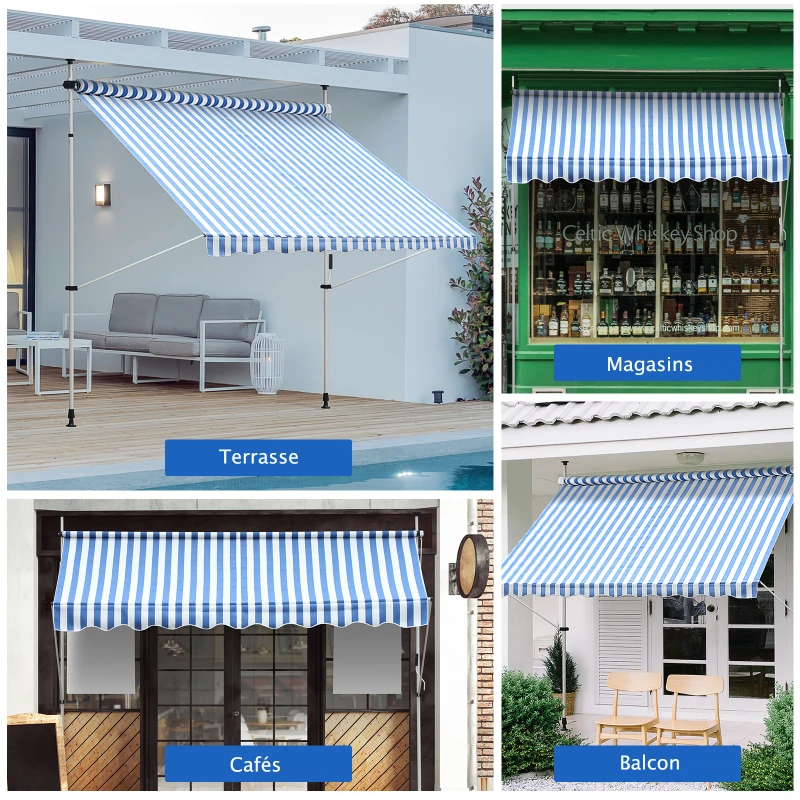 Outsunny Store banne Manuel rétractable 2,5L x 1,5l x 2-3H m Inclinaison réglable Installation Rapide métal alu Polyester Bleu Blanc rayé