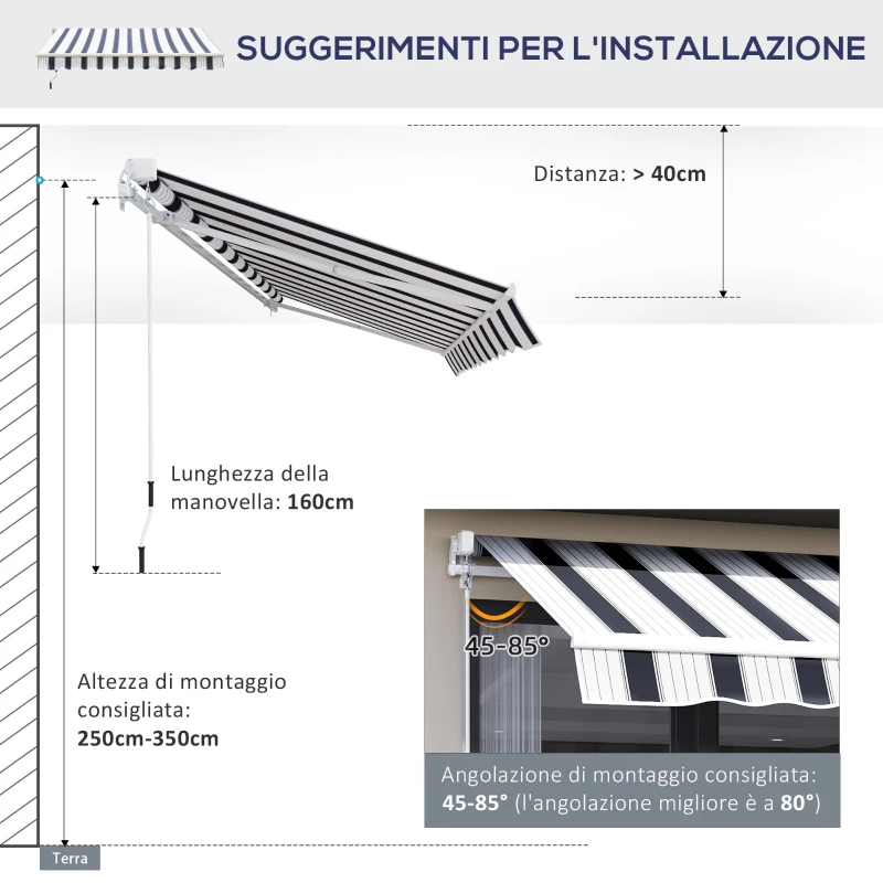 Outsunny Tenda da Sole a Bracci 2.5x2m Avvolgibile Manuale in Alluminio e Poliestere Blu e Bianco