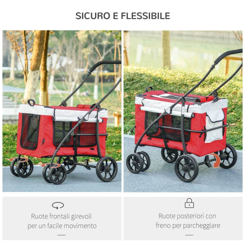 PawHut Passeggino per Cani Taglia Piccola e Mini con 2 Guinzagli e Custodia Portaoggetti, 81x58x97.5 cm