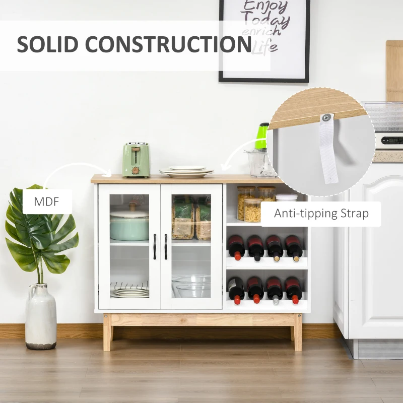HOMCOM Storage Cabinet, Sideboard with Wine Holder for 8 Bottles, Glass 2-Door Display Cupboard, Adjustable Shelf, White