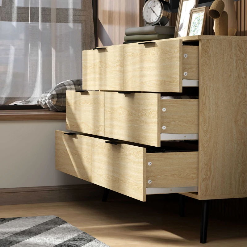 HOMCOM Cómoda para Dormitorio Moderno con 6 Cajones Diseño Anti-vuelco Cajonera para Salón Pasillo 110x40x75 cm Roble