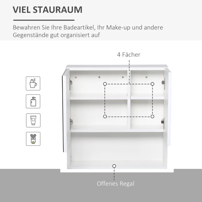 kleankin Spiegelschrank Badschrank Hängeschrank Badmöbel Wandschrank Mehrzweckschrank mit offener Regal Spanplatte Glas Weiß 54 x 15 x 55 cm