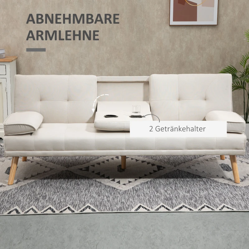 HOMCOM Schlafsofa 3-Sitzer, neigbare Rückenlehne mit Klapptisch, zwei Armpolster, Leinenoptik, beige, 181 x 77 x 78 cm