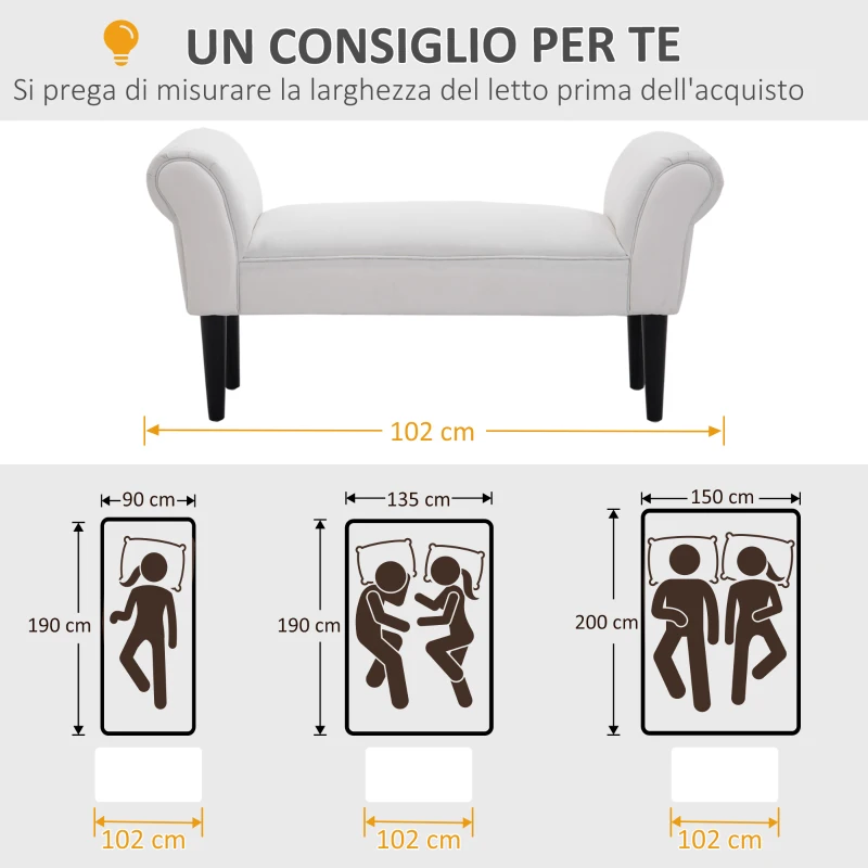 HOMCOM Panca Fondo Letto Imbottita con Braccioli Arrotolati e 4 Piedini, 102x35x51 cm, Grigia