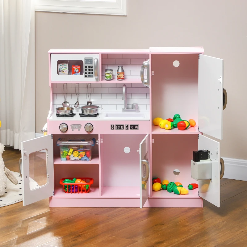 AIYAPLAY Cocina para Niños de +3 Años con Accesorios para Cocinar Pizarra Máquina de Hielo y Teléfono 83,8x26,8x81 cm Rosa(m-9)