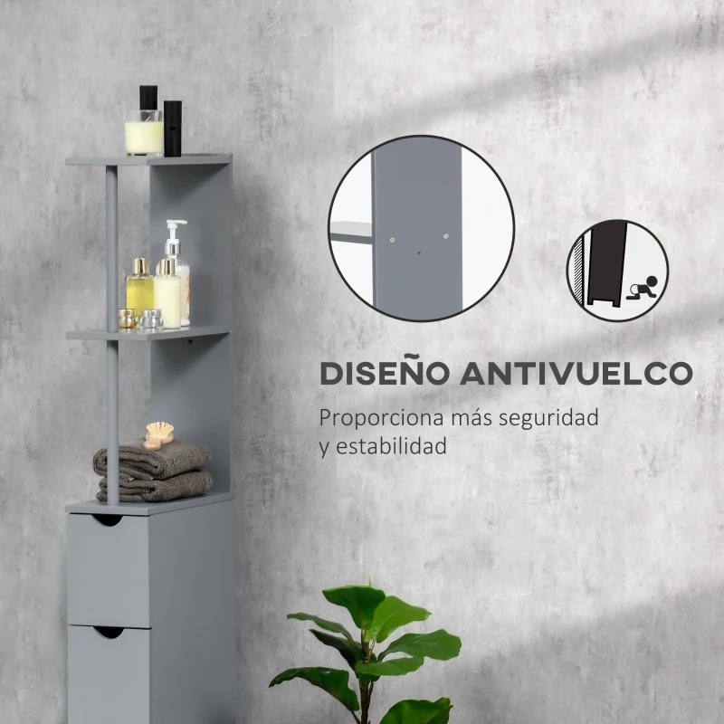 HOMCOM Columna de Baño Moderno Mueble Auxiliar de Baño con 2 Estantes 2 Cajones y 1 Puerta Antivuelco 15x33x136,5 cm Gris