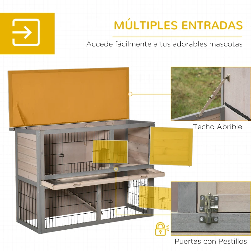 PawHut Conejera de Madera Exterior Jaula para 2 Conejos con 2 Puertas con Cerraduras Techo Asfáltico Abrible Bandeja Extraíble Rampa y Zona Abierta 108x45x78 cm Gris