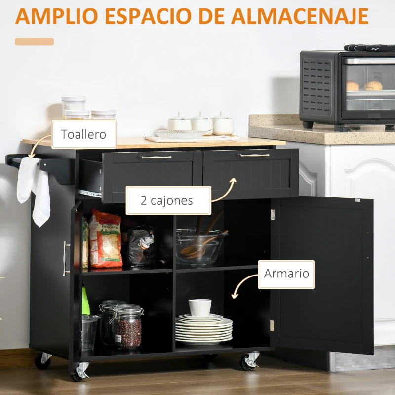 HOMCOM Mueble Auxiliar de Cocina con Ruedas 2 Cajones 2 Puertas Estante Ajustable y Toallero 104x46x91 cm Negro