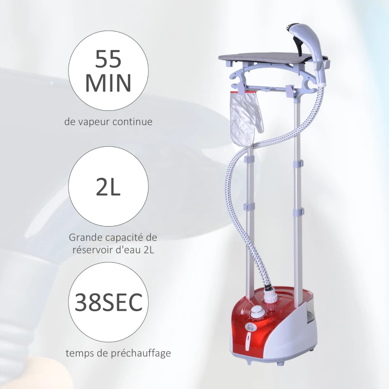 HOMCOM Défroisseur vapeur vertical 1950 W 32g/min, réservoir d'eau de 2 litres, tige télescopique, fer vertical autonomie 45min, 11 températures réglables, prêt en 38s, planche et cintre fournis rouge