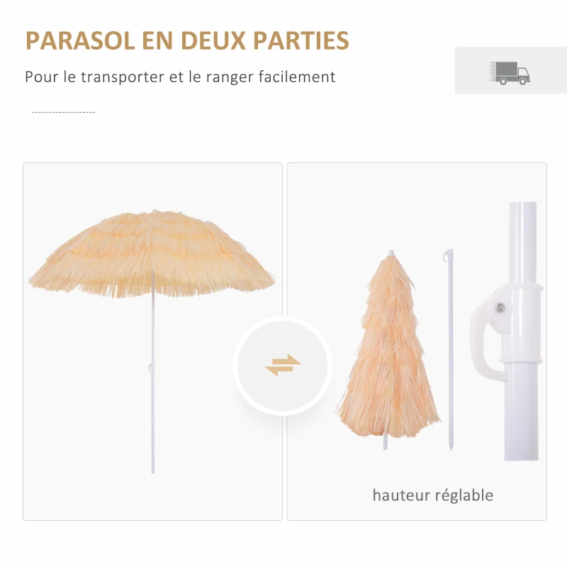 Outsunny Parasol de Plage Jardin Design Hawai 160 cm Raphia Artificiel Beige