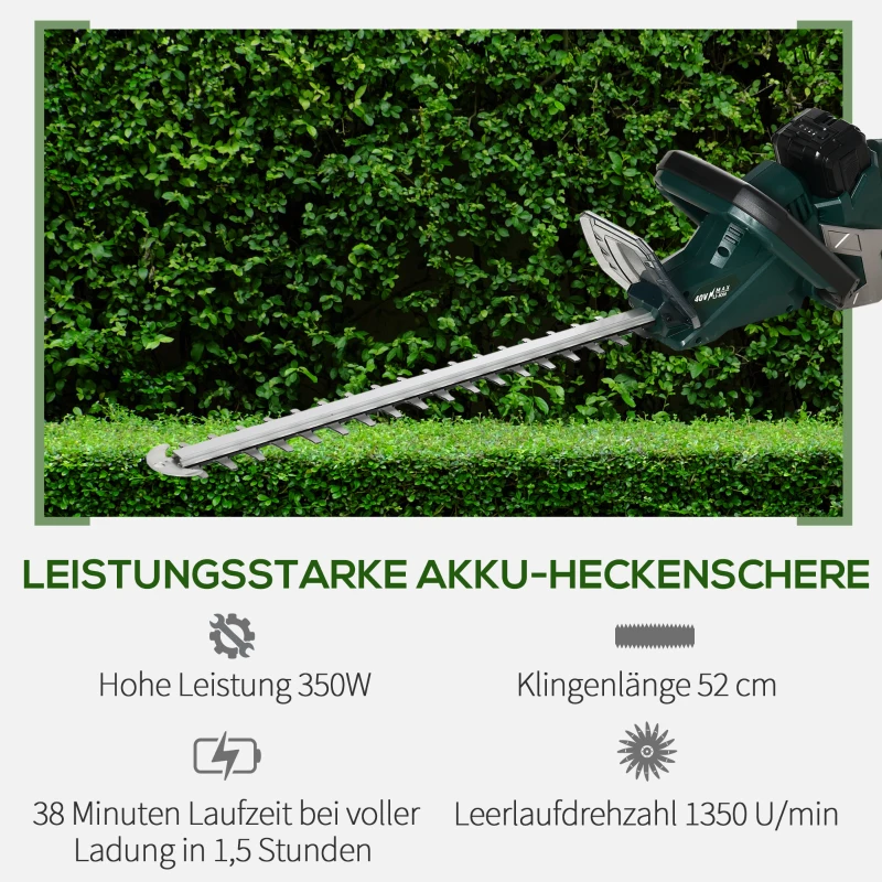 Durhand Elektro Heckenschere Akku Elektrischer Heckenschneider mit 350 W Motorleistung Kabellos 180° Drehgriff 52cm Schnittlänge Stahl ABS Grün+Schwarz
