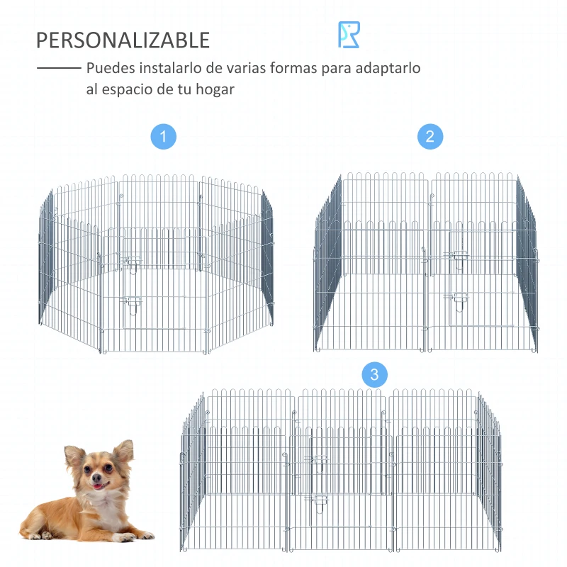 PawHut Vallas para Perros Plegables de 8 Piezas 63x76 cm con 1 Puerta y Marco de Acero para Jardín Patio Plata