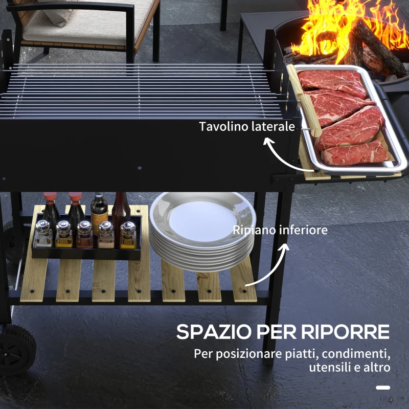 Outsunny Barbecue a Carbonella ad Altezza Regolabile con 2 Griglie e 2 Ripiani, in Metallo e Legno, 113x53.5x82.5 cm, Nera