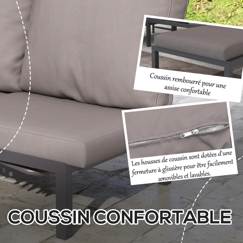 Outsunny Ensemble de salon de jardin modulable, 2 bains de soleil avec matelas + 1 table basse verre trempé, aluminium