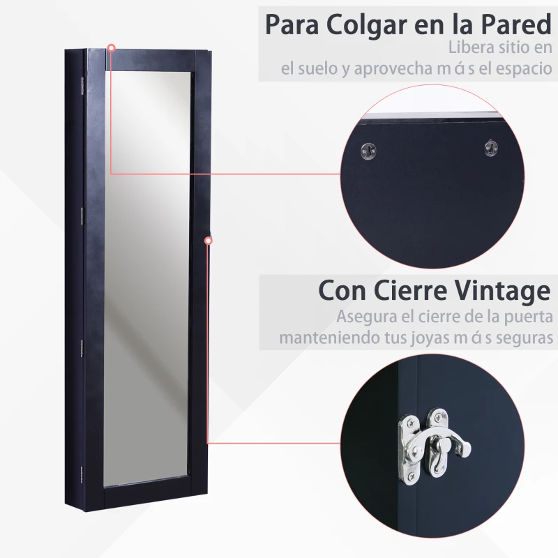 HOMCOM Espejo Joyero Colgante de Pared Armario de Joyería Organizador de Joyas con Ganchos y Ranuras para Collares para Dormitorio Salón 37x9,5x112 cm Negro