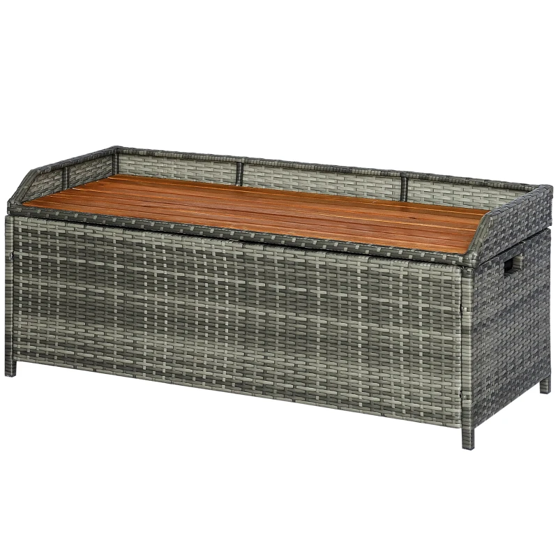 Outsunny Patio Wicker Storage Bench Box, Outdoor Garden PE Rattan Pool Storage Deck Bin Box w/ Natural Wood Top, Lid, Ideal for Storing Tools, Accessories and Toys, Mixed Grey