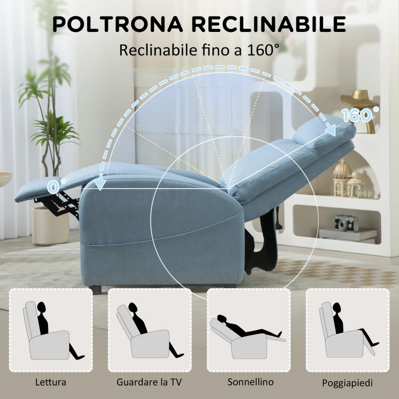 HOMCOM Poltrona Relax Reclinabile con Poggiapiedi in Tessuto Effetto Lino, 69x85x100 cm, Azzurro