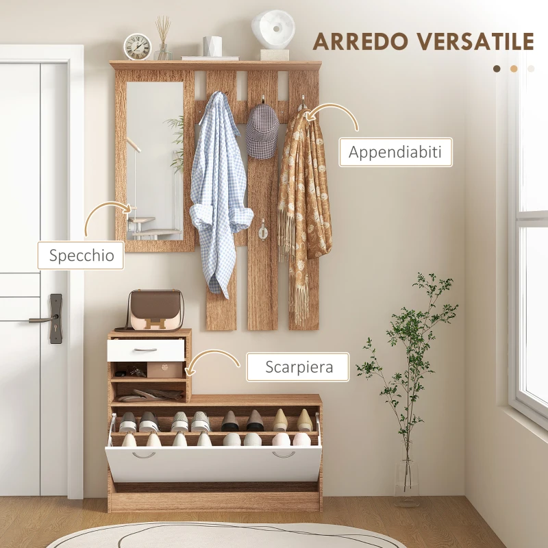 HOMCOM Mobile Appendiabiti 3 in 1 con Scarpiera e Specchio, Ganci e Cassetti, in Legno, 90x24x177 cm, Bianco e Noce