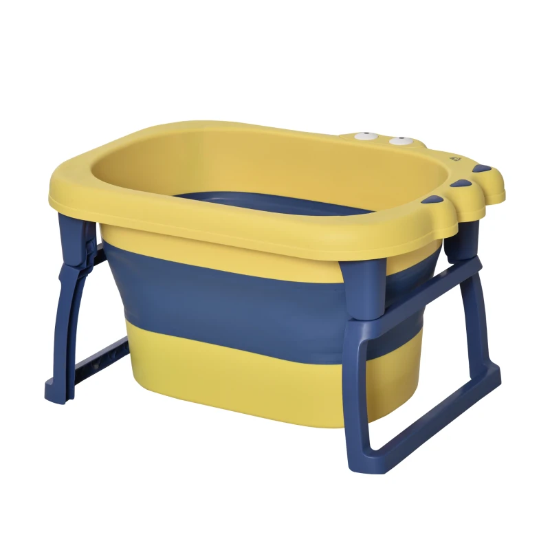 HOMCOM Vaschetta Bagnetto Neonato Pieghevole con Supporto Antiscivolo, Vaschetta da Bagno Portatile per Neonati e Bambini di 0-6 Anni con Foro di Scarico, 75.3x55.4x43cm, Blu e Giallo