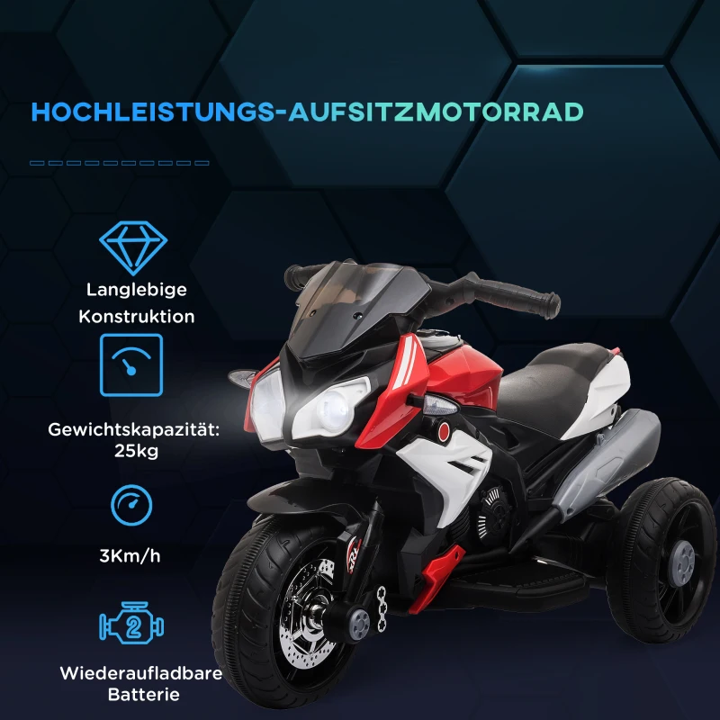 HOMCOM Elektro-Kindermotorrad, Lichter & Geräusche, 3 km/h, wiederaufladbar, Kunststoff & Metall, Schwarz/Rot(m-5)