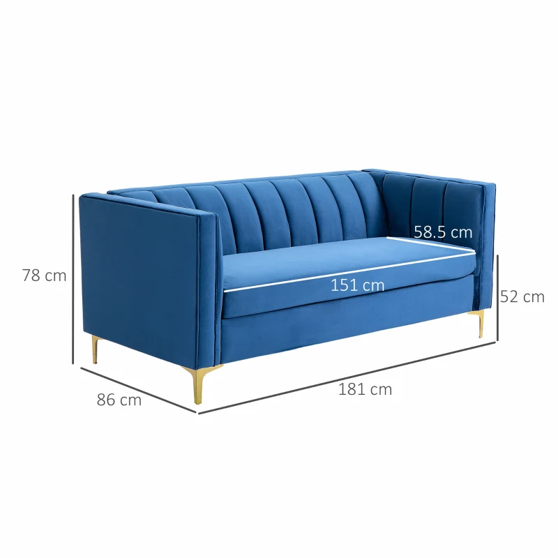HOMCOM Divano 3 Posti in Velluto con Gambe Dorate, Braccioli e Cuscino Sfoderabile, 181x86x78cm
