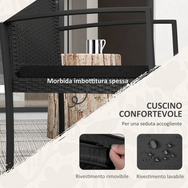 Outsunny Set da Giardino 3 Pezzi con 2 Sedie con Cuscini e Tavolino con Piano in Vetro, Effetto Rattan Nero