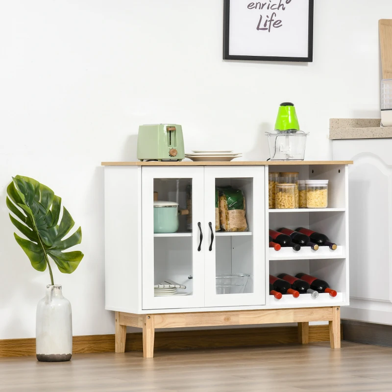 HOMCOM Storage Cabinet, Sideboard with Wine Holder for 8 Bottles, Glass 2-Door Display Cupboard, Adjustable Shelf, White