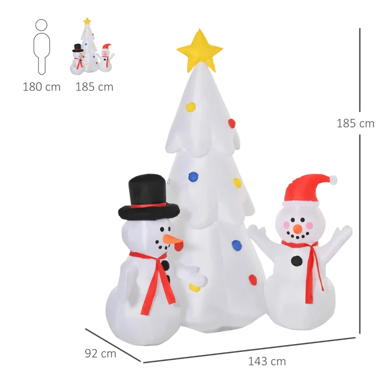 HOMCOM Albero di Natale Gonfiabile con Pupazzi di Neve, Altezza 185cm, Luci LED e Gonfiatore