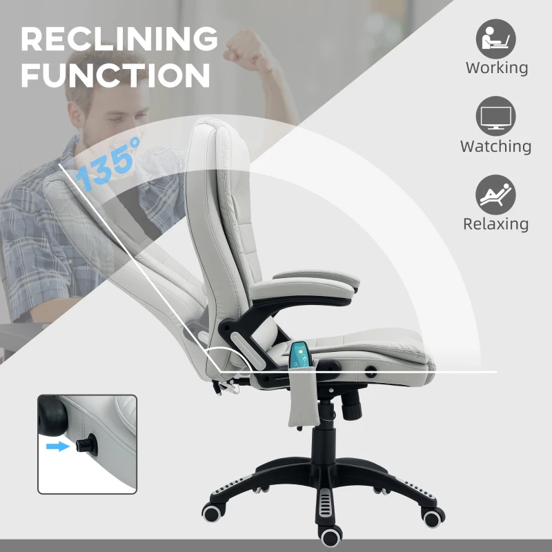 HOMCOM 6-Point Massage Office Chair with Seat Heated for Home Office, PU Leather High Back Executive Desk Chair with Adjustable Height and 360° Swivel for Work Study, Light Grey
