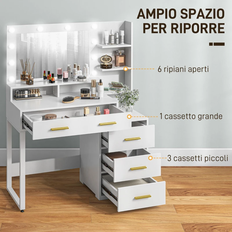 HOMCOM Tavolo da Trucco in Legno con 4 Cassetti, 6 Ripiani Aperti e Specchio, 100x40x138 cm, Bianco