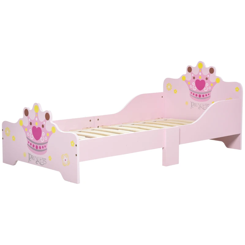 HOMCOM Cama Infantil de +3 Años 143x73x60 cm con Estampado de Corona Carga 50 kg para Dormitorio Rosa