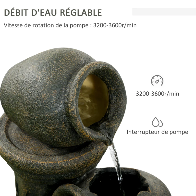 Outsunny Fontaine de jardin zen 3 jarres débit réglable pompe à eau submersible incluse dim. 36,5L x 32l x 73H cm résine gris