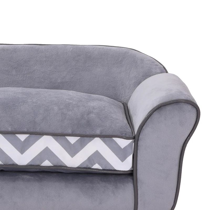 PawHut Hundesofa, Haustiersofa mit erhöhten Füßen, Hundecouch, Hundeliege mit Kissen, Hundebett, Katzensofa, Waschbar, Samt, Grau, 73,5 x 41 x 33 cm