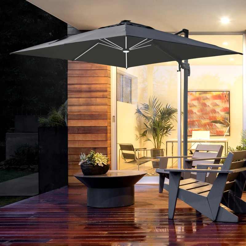 Outsunny Parasol déporté carré parasol LED inclinable pivotant 360° manivelle piètement acier dim. 3L x 3l x 2,66H m gris