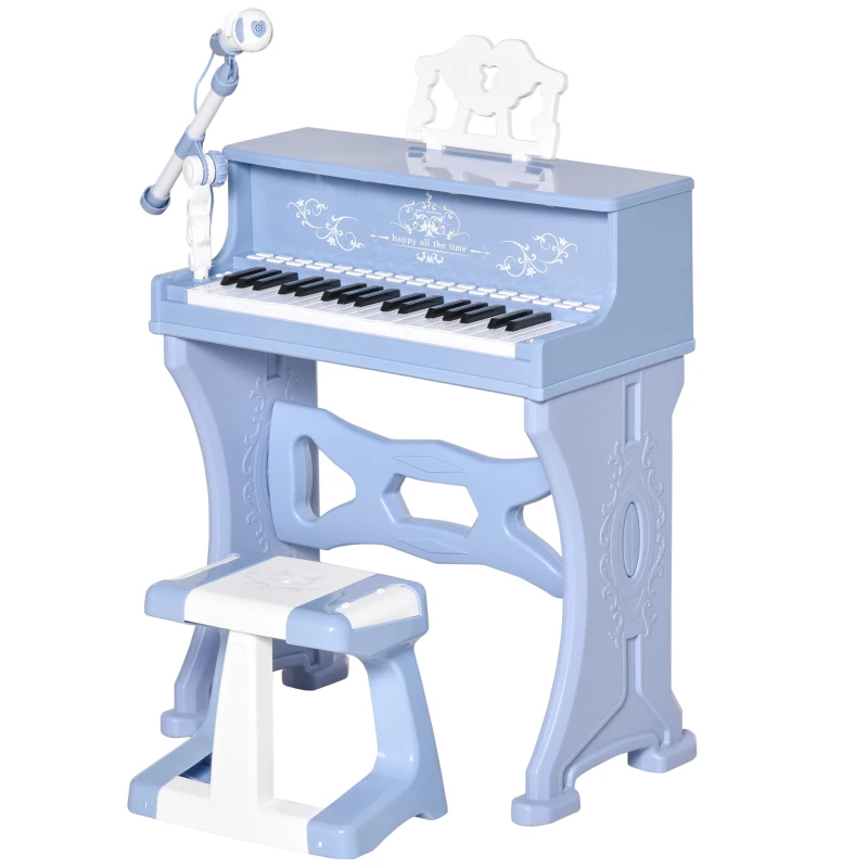 HOMCOM Kinder Klavier 37 Tasten Mini-Klavier Piano Keyboard mit Hocker und 22 Demo-Songs zum Abspielen aus ABS Musikinstrument MP3 USB inkl. Alter von 3-6 Jahren Weiß+Blau 48 x 39 x 69 cm