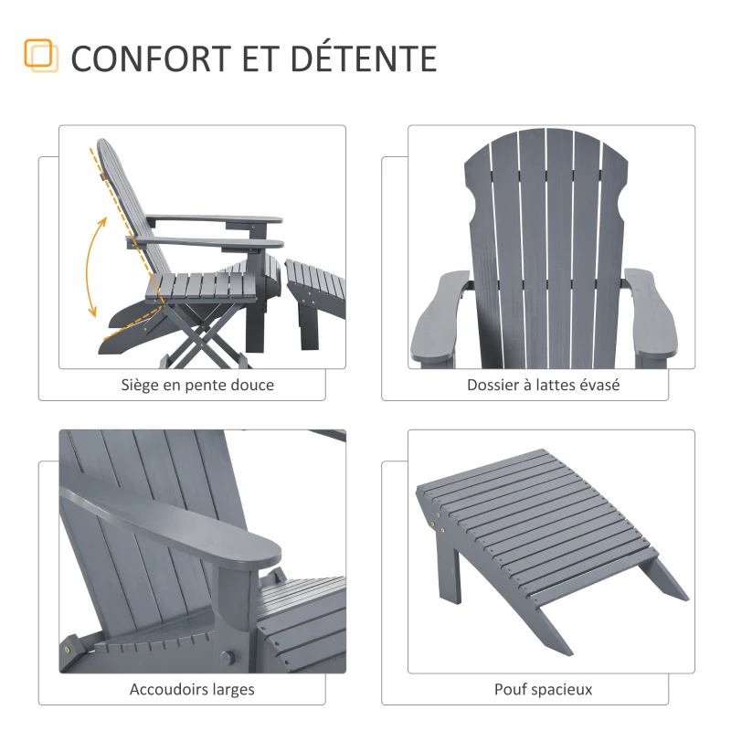 Outsunny Fauteuil de Jardin Adirondack Pliable avec Repose-Pied et Table Basse Bois Sapin traité Gris