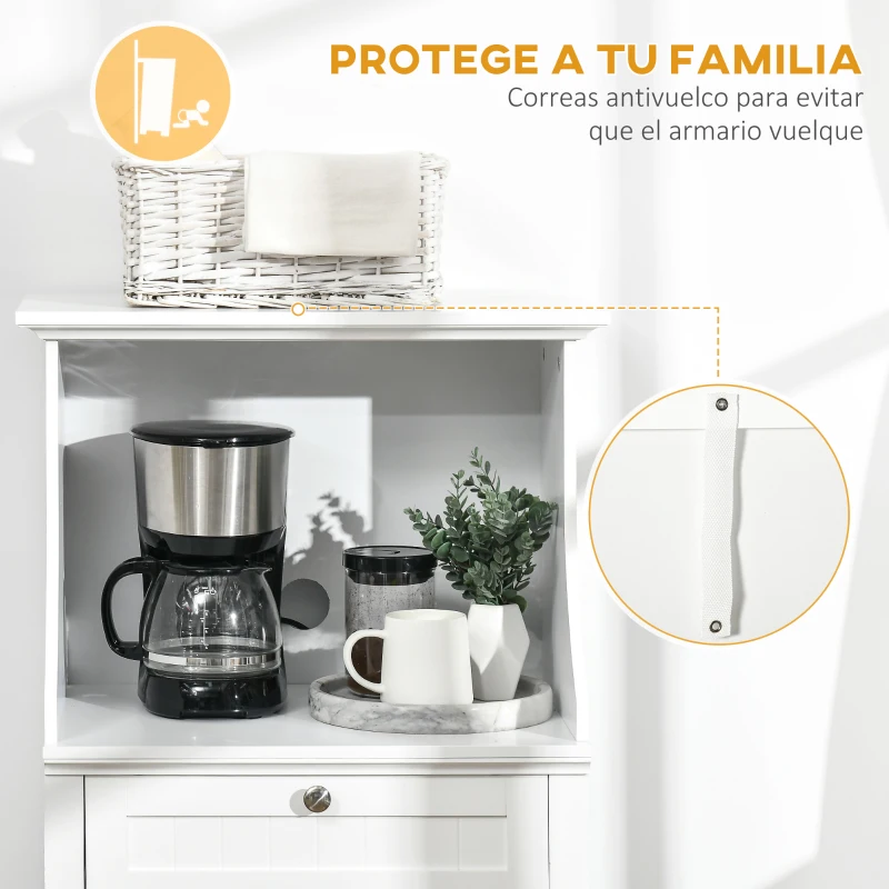 HOMCOM Mueble para Microondas Aparador de Cocina con Cajón Estante 2 Puertas Compartimento Anti-vuelco 60x40x122,5 cm Blanco