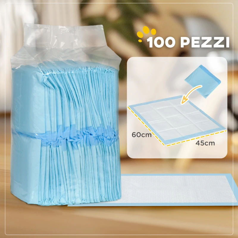 PawHut Set 100 Tappetini Igienici per Cani a 6 Strati in Tessuto non Tessuto, Carta e PE, 45x60 cm, Blu e Bianco