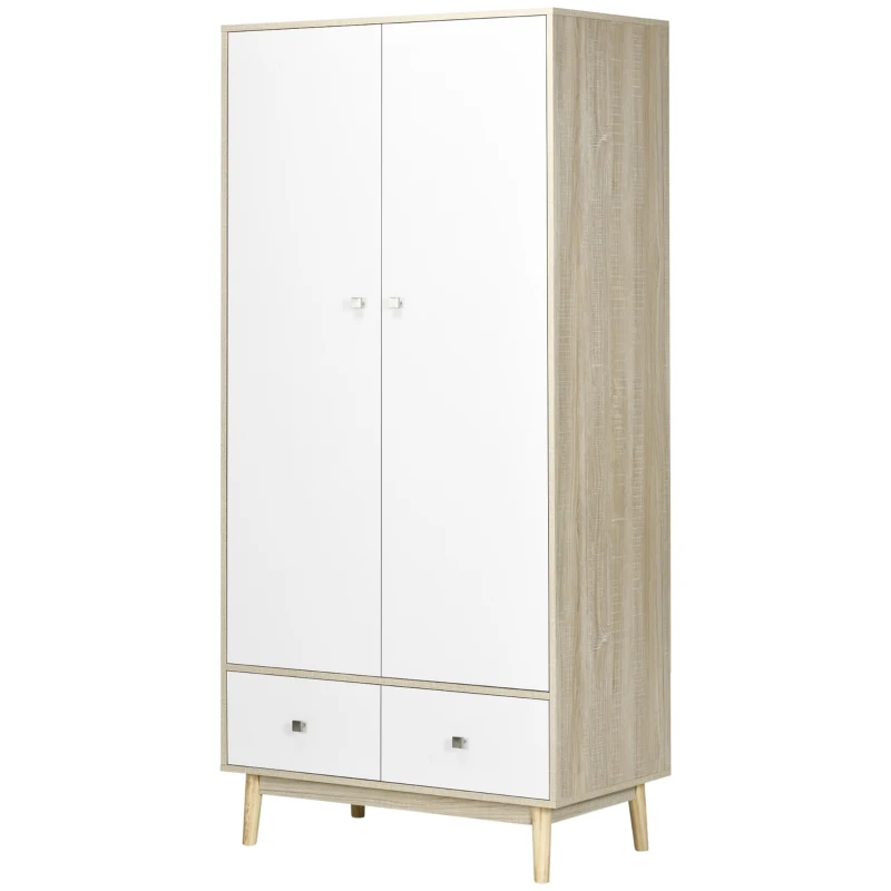 HOMCOM Armadio 2 Ante in Legno con 4 Vani, 2 Cassetti e Appendiabiti, Color Legno e Bianco, 90x50x190cm