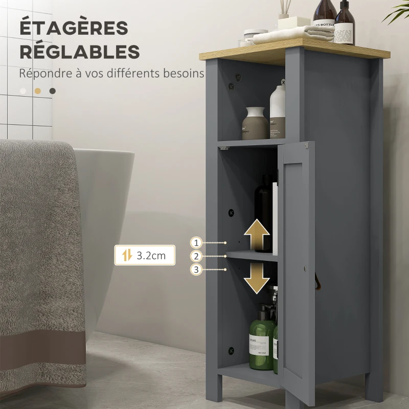 kleankin Meuble de salle de bain sur pied avec placard à 2 niveaux étagère réglable poignées en similicuir 32 x 30 x 80 cm gris