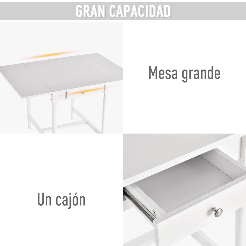 HOMCOM Mesa de Comedor Plegable con 2 Tableros Laterales 1 Cajón Estable en MDF Patas Macizas de Madera de Pino Carga 60 kg 115x78x76 cm Blanco