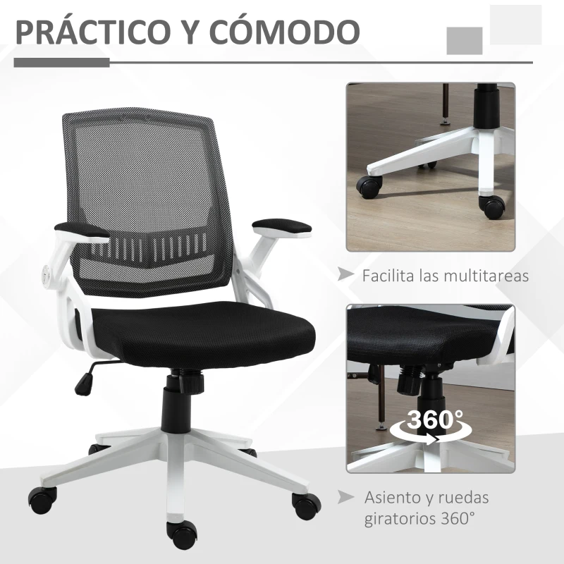 Vinsetto Silla de Oficina Ergonómica Silla de Juvenil con Altura Ajustable Reposabrazos Abatibles Soporte Lumbar y Respaldo Malla Transpirable 61x61x94-104 cm Negro