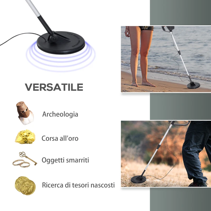 Outsunny Metal Detector Cercametalli 2 Modalità Bobina Impermeabile con Attacco Cuffia 13×24×77.5-105cm Nero