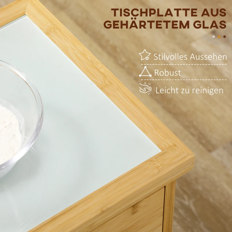 HOMCOM Küchenwagen aus Bambus, Mehrzweckwagen, Sevierwagen, 2 Schubladen, 1 Schrank,  2 Regale, Natur