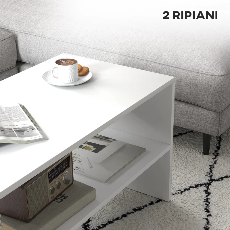 HOMCOM Tavolino da Caffè Moderno in Legno a 2 Livelli con Ripiano Aperto, 100x40x41.5 cm, Bianco