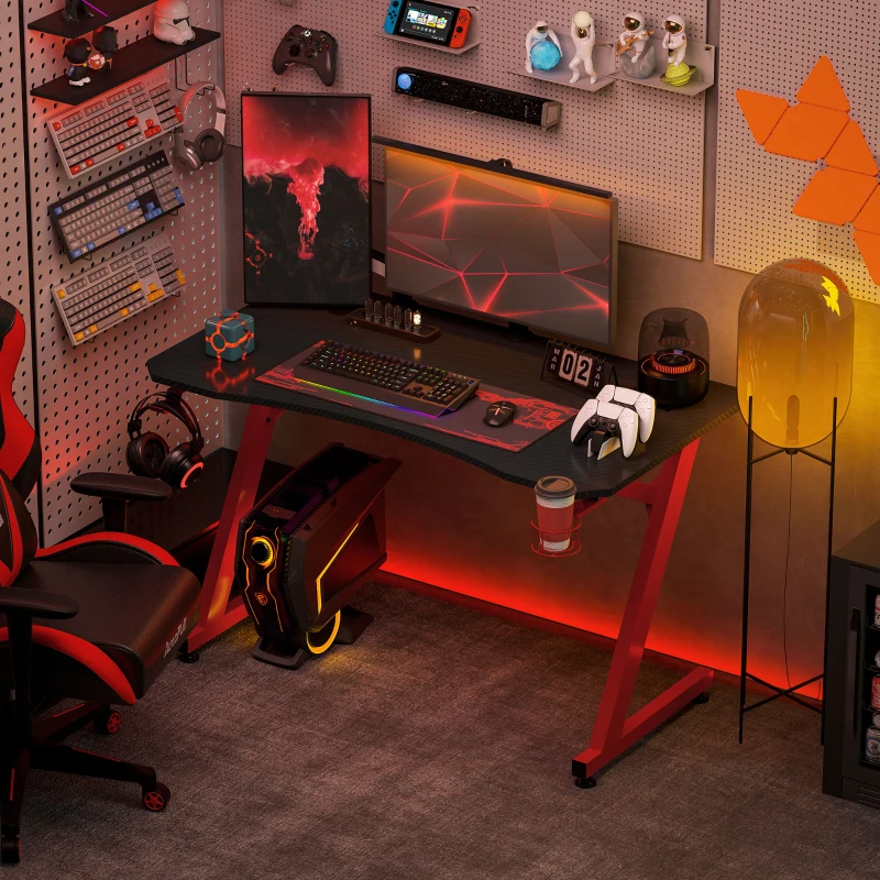 HOMCOM Mesa Gaming 120x65x74,5 cm Escritorio Ergonómico Gaming desk para Computadora PC con Portavasos Gancho para Auriculares y Pies Ajustables Efecto de Fibra de Carbono Rojo