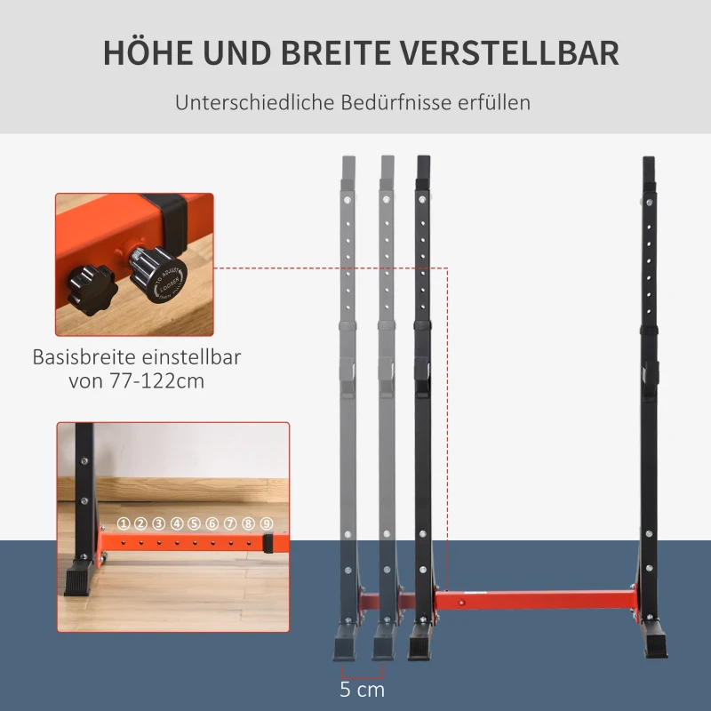 HOMCOM Langhantelständer, höhenverstellbar 77-122 cm, bis 150 kg, rutschfeste Gummifüße, Stahl, Rot+Schwarz