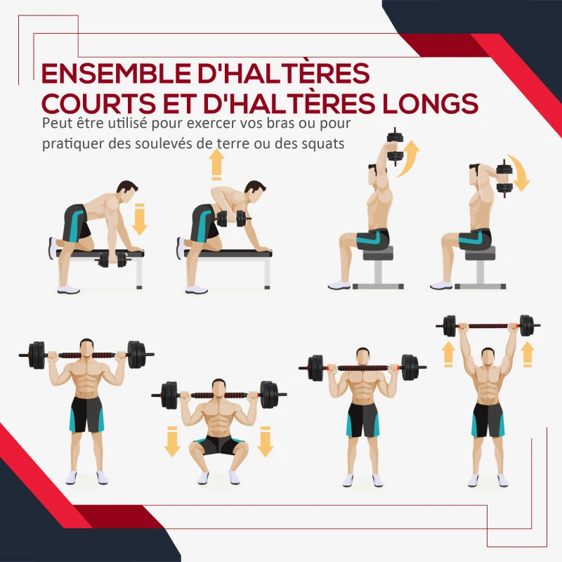 HOMCOM Kit Haltères Musculation 2-en-1, Lot de 2, 25 kg, poids réglable - Barres incluses - entraînement Musculaire & haltérophilie - HDPE Noir Rouge