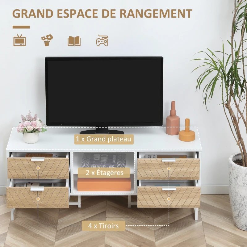 HOMCOM Table Basse + Meuble TV Design Contemporain Multi-rangement piètement métal Aspect Bois de chêne sculpté à Chevrons Blanc